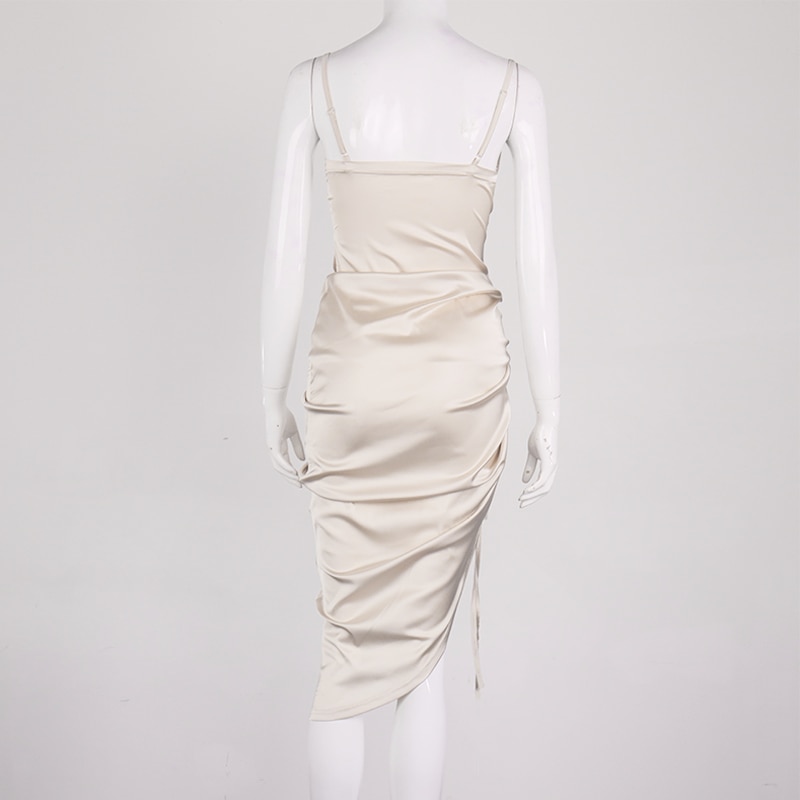 NewAsia Ruched Satin Summer Dress Drawstring Spaghetti Straps Cowl Neck Backless Long Dresses for Women Party Sexy Vestidos 2020