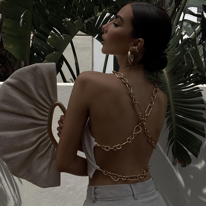 FREE SHIPPINGH White Crop Top Metal Chains Cross Backless JKP4562 FREE SHIPPINGH White Crop Top Metal Chains Cross Backless JKP4562