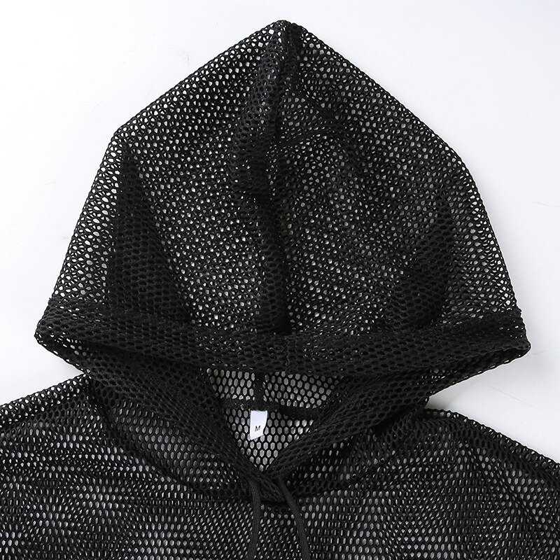 Womens Hollow Mesh Net Hooded T-Shirt Short Sleeve Tee Tops Transparent Black Swxy Clubwear Party