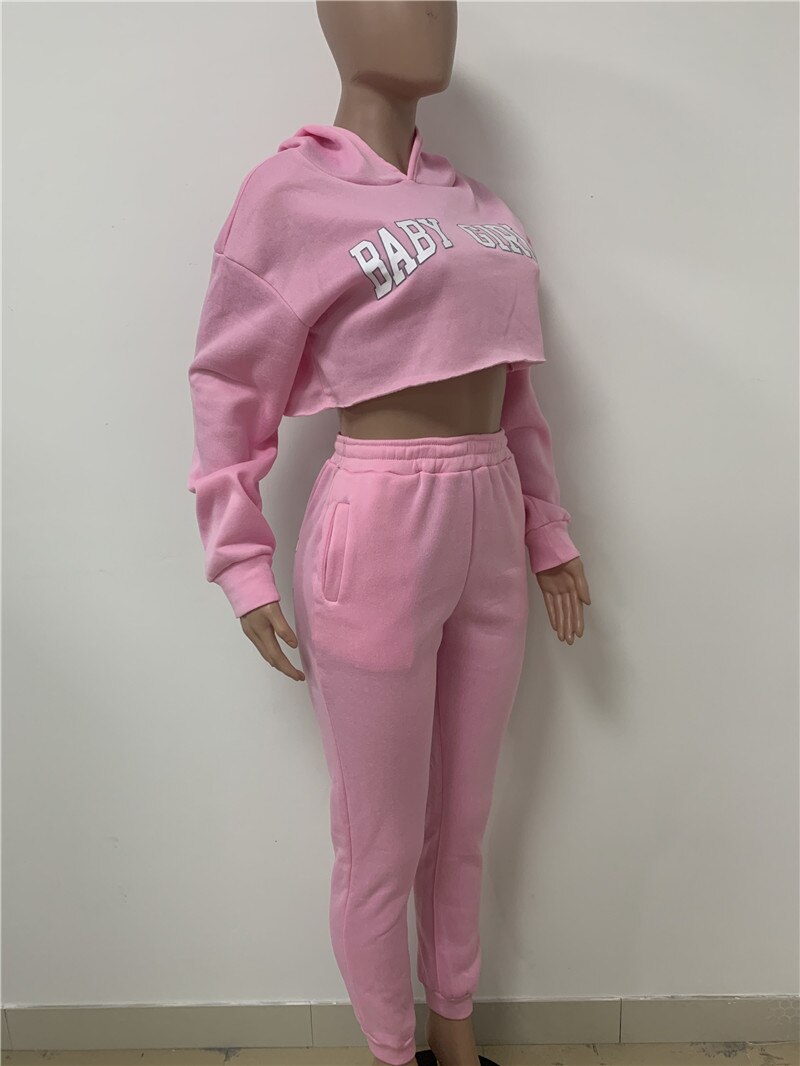 Baby Girl Letter Print Sweatsuit Women's Set Hooded Crop Top Jogger Pants Set Tracksuit Fitness Two Piece Set Outfits
