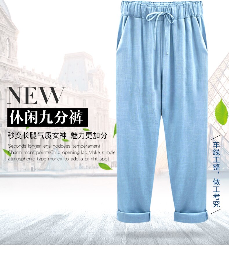 Cotton Linen Pants plus size Elastic high Waist Ankle Length Casual Women Loose spring pants 8XL