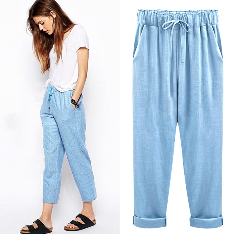 Cotton Linen Pants plus size Elastic high Waist Ankle Length Casual Women Loose spring pants 8XL