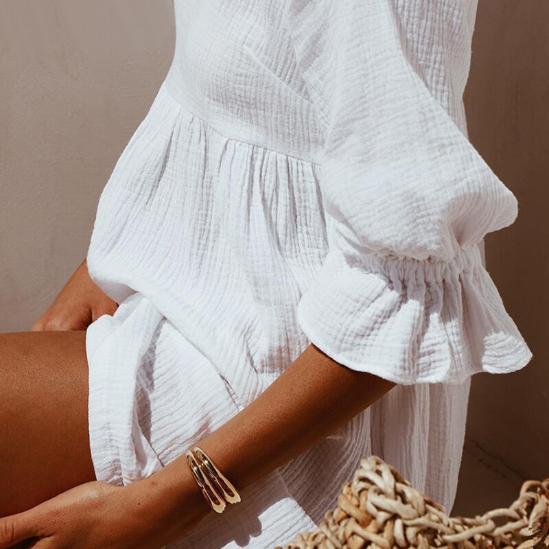 FREE SHIPPING White Ruffles Mini Dress Stand Collar Flare Sleeve JKP4605 FREE SHIPPING White Ruffles Mini Dress Stand Collar Flare Sleeve JKP4605