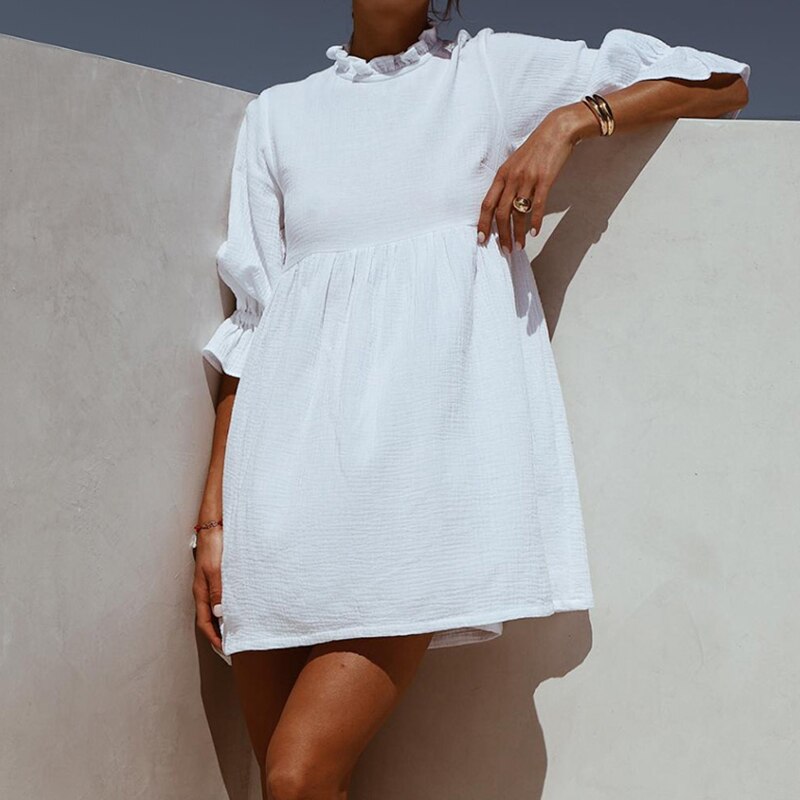 FREE SHIPPING White Ruffles Mini Dress Stand Collar Flare Sleeve JKP4605 FREE SHIPPING White Ruffles Mini Dress Stand Collar Flare Sleeve JKP4605