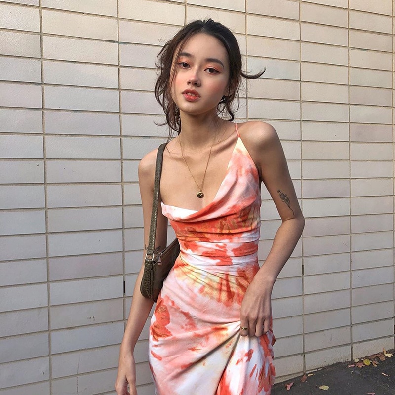 FREE SHIPPING Tie Dye Lace Up Midi Dress JKP4608