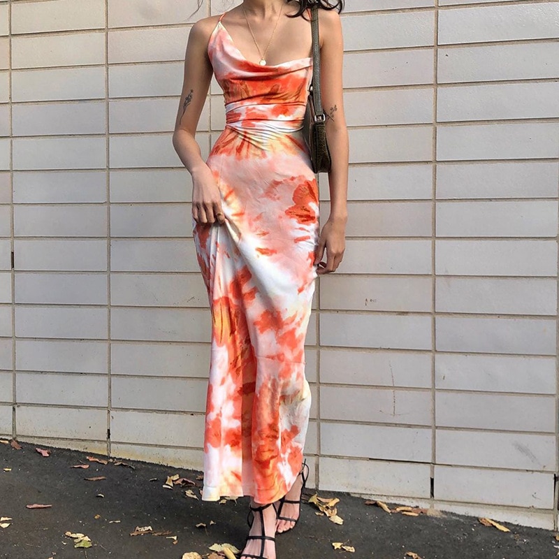 FREE SHIPPING Tie Dye Lace Up Midi Dress JKP4608