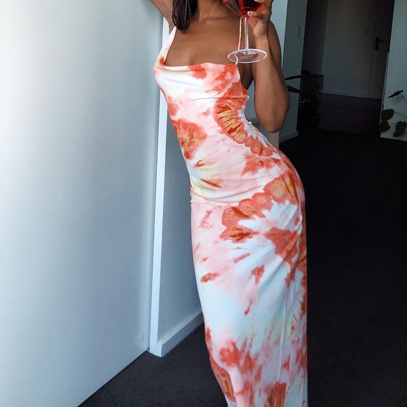 FREE SHIPPING Tie Dye Lace Up Midi Dress JKP4608
