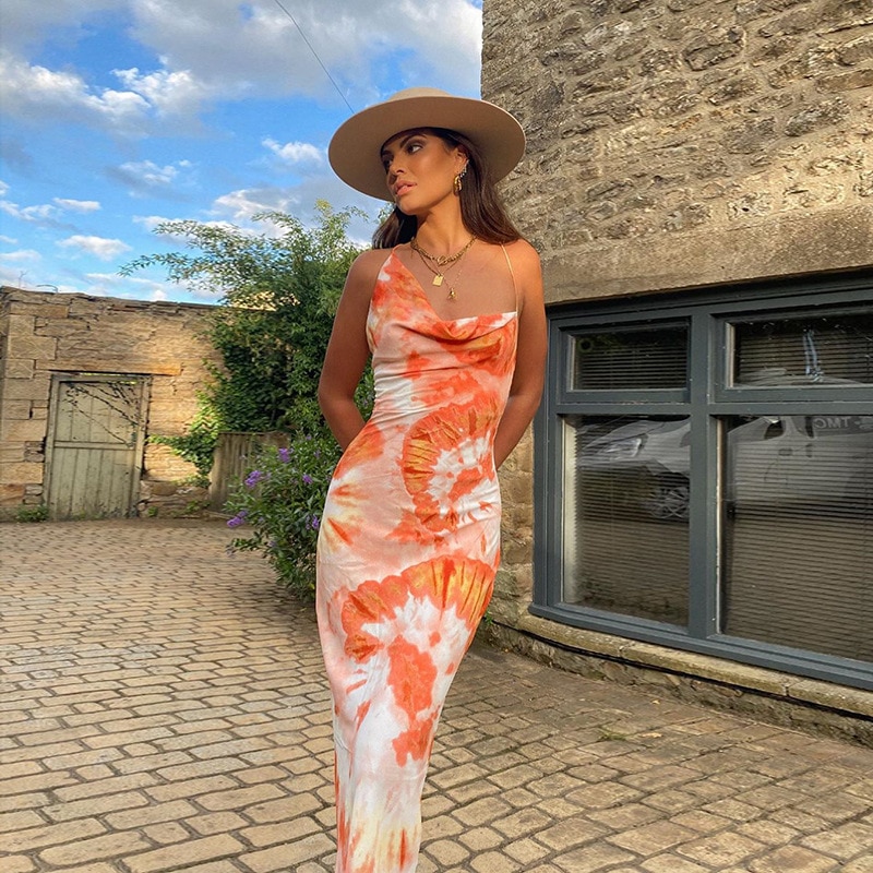FREE SHIPPING Tie Dye Lace Up Midi Dress JKP4608