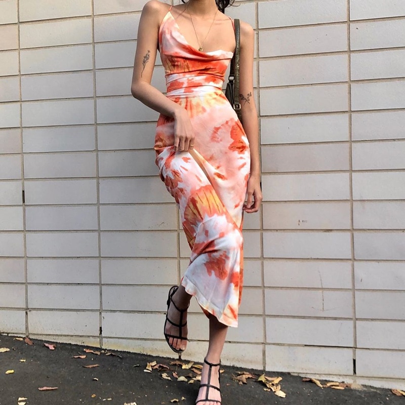 FREE SHIPPING Tie Dye Lace Up Midi Dress JKP4608