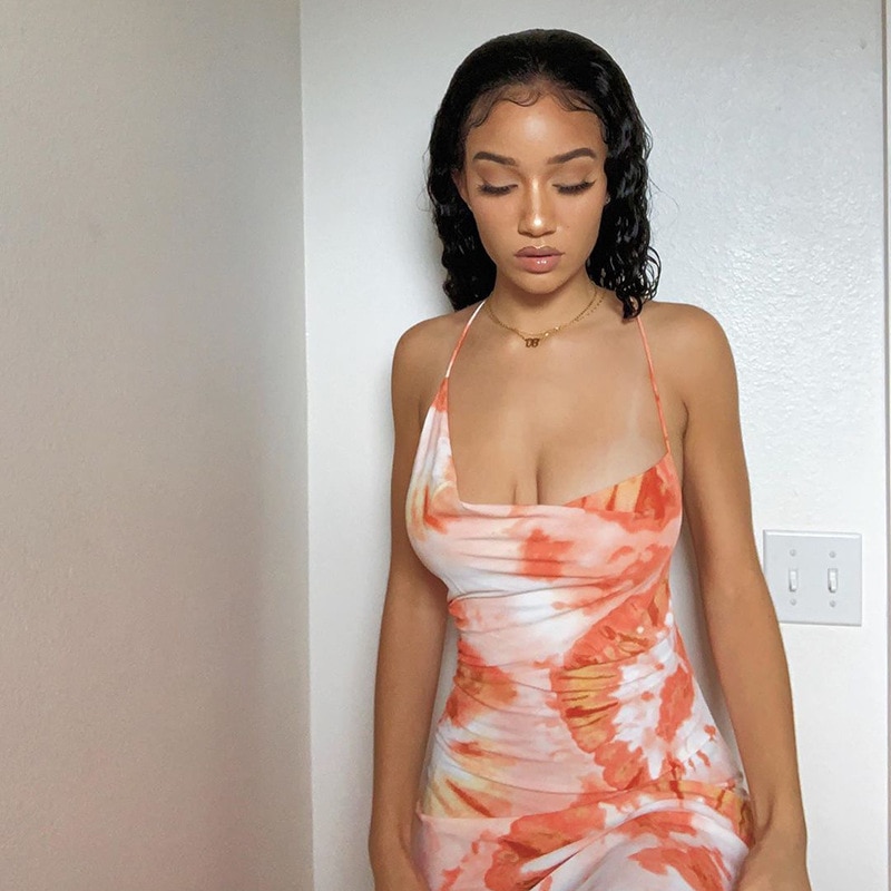 FREE SHIPPING Tie Dye Lace Up Midi Dress JKP4608