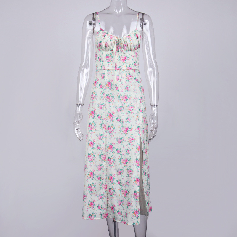 Autumn Sleeveless Vintage Floral Dress Women Casual Lace Up Front Print Dress Female Elegant Long Midi Party Vestidos Side Slit