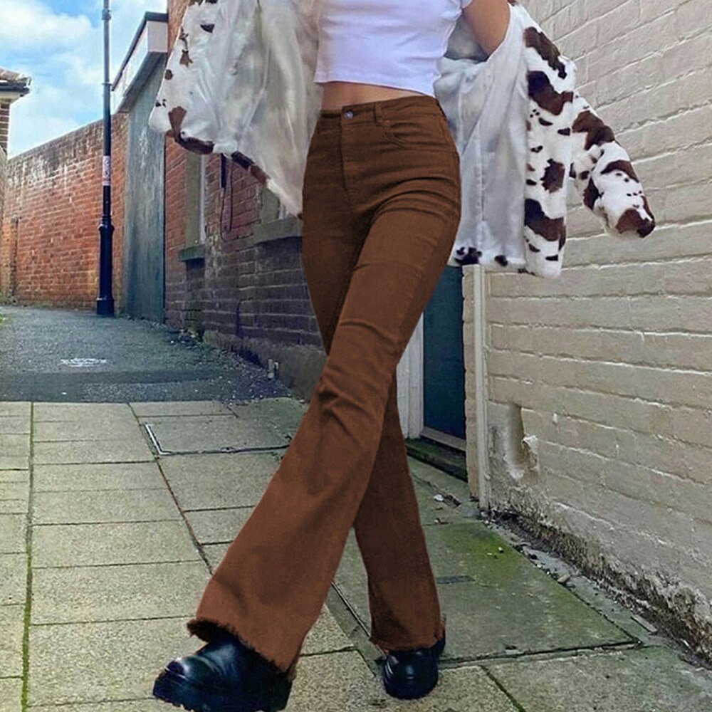 FREE SHIPPING Women Flared Jeans Khaki Black Brown JKP4613