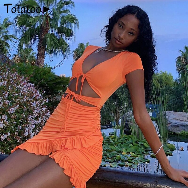 2021 Summer Mini Dress Style Lace Up V Neck Ruffles Bodycon JKP4615