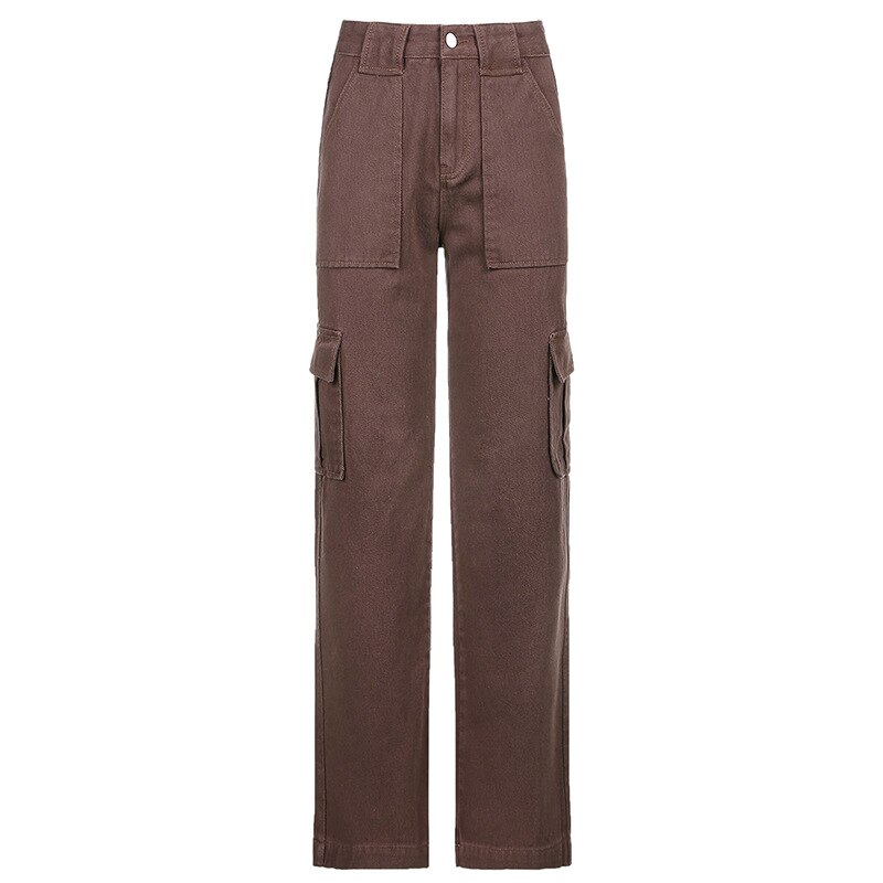 2021 New Retro Brown Pocket High Waist Straight Pants JKP4616