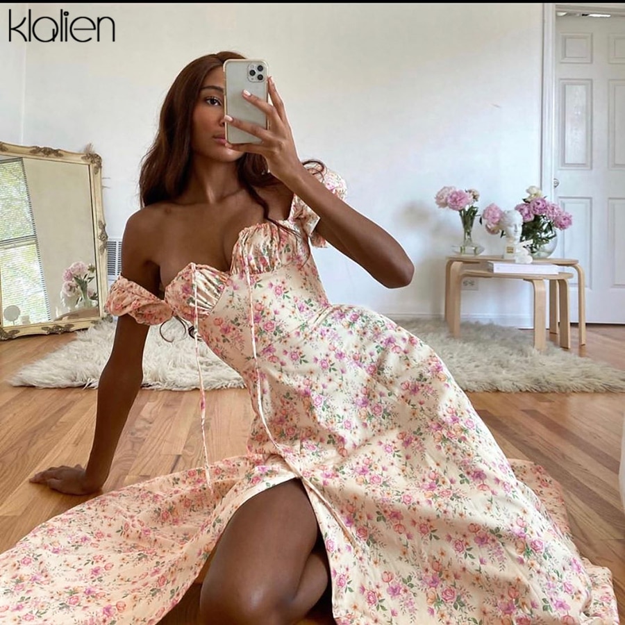 FREE SHIPPING Elegant French Romantic Boho Print Maxi Slit Dress JKP4626