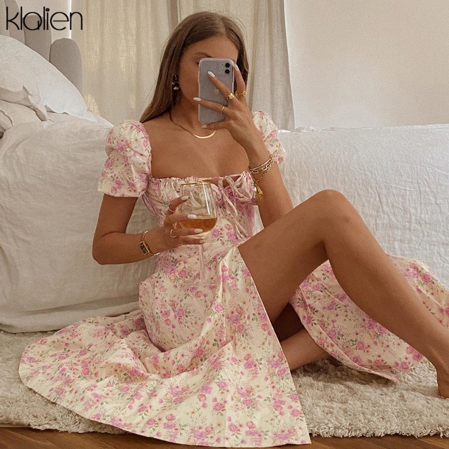 FREE SHIPPING Elegant French Romantic Boho Print Maxi Slit Dress JKP4626