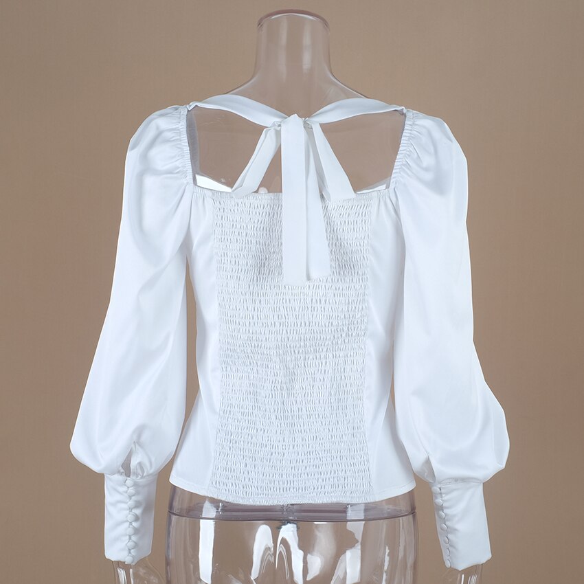 Women Blouse Shirt White Tunic Square Collar JKP4626