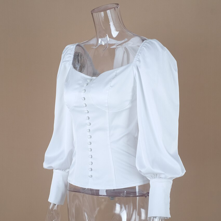 Women Blouse Shirt White Tunic Square Collar JKP4626