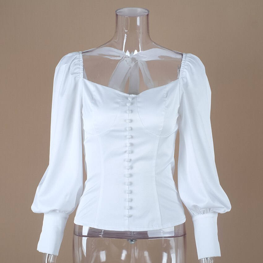 Women Blouse Shirt White Tunic Square Collar JKP4626