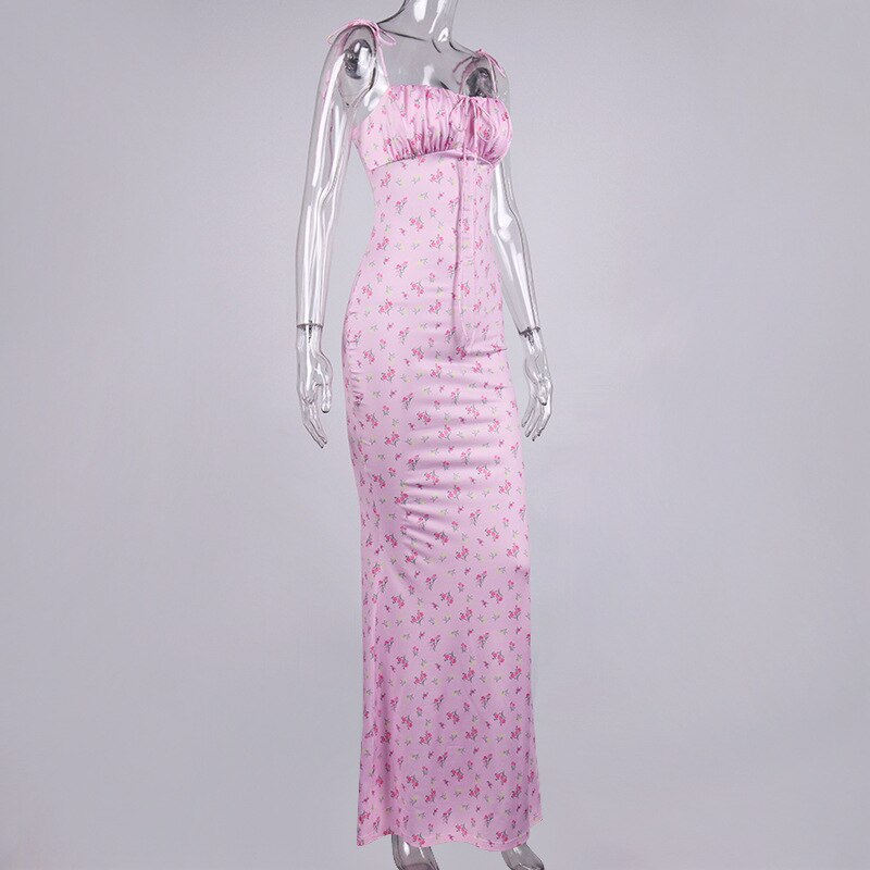 Cryptographic Floral Print Cottagecore Elegant Sleeveless Maxi Sundress Sexy Backless Women Party Club Tie Front Dress Holiday