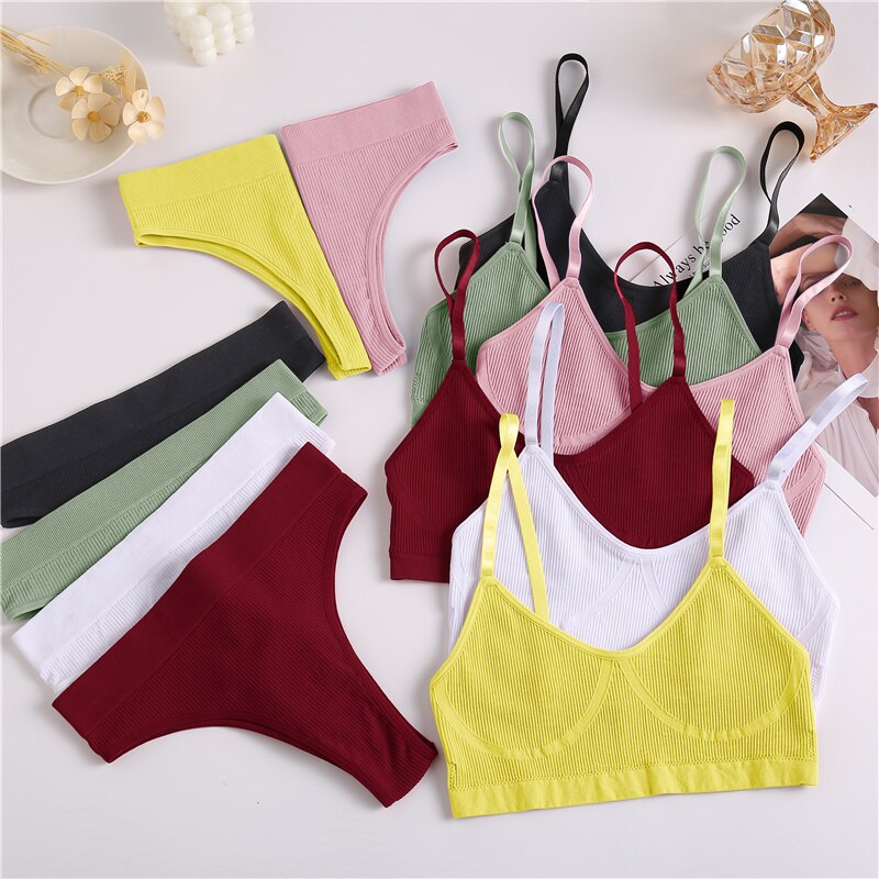 Women Bra Set Sexy Lingerie Female Underwear Bralette Ribbed Tops Girls Fashion Brassiere Basic Stretchy Tank Crop Tops Suit