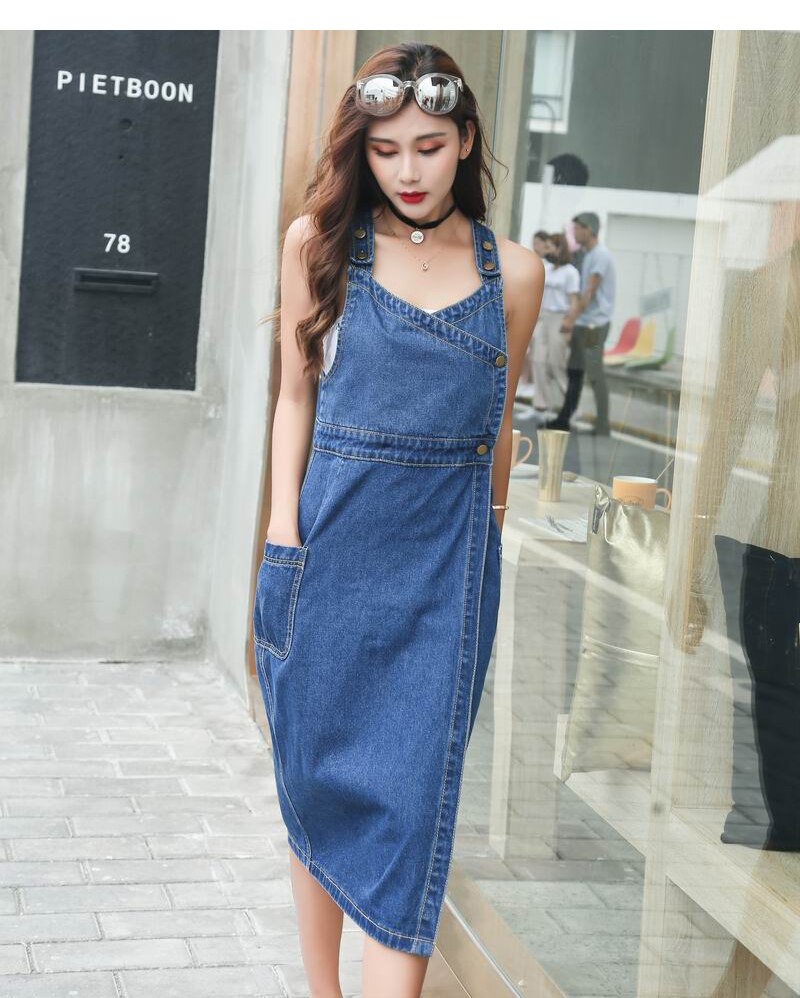 FREE SHIPPING Denim Dress Side Split Spaghetti Strap JKP4641