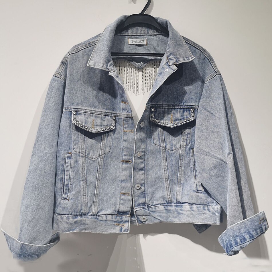 FREE SHIPPING Heart Back Hole Denim Jacket Diamond Tassel JKP4650 FREE SHIPPING Heart Back Hole Denim Jacket Diamond Tassel JKP4650