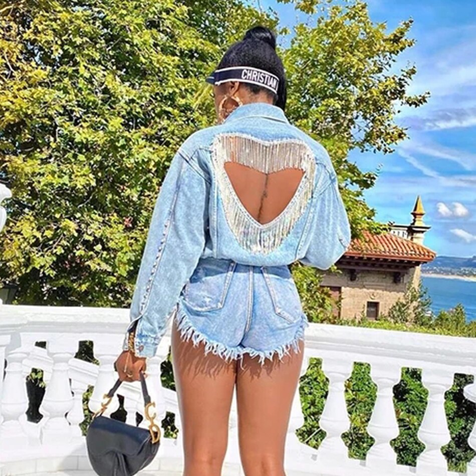 FREE SHIPPING Heart Back Hole Denim Jacket Diamond Tassel JKP4650 FREE SHIPPING Heart Back Hole Denim Jacket Diamond Tassel JKP4650