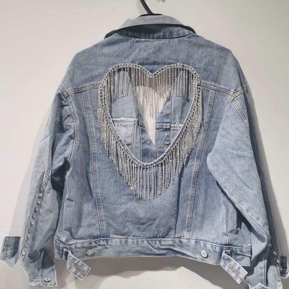 FREE SHIPPING Heart Back Hole Denim Jacket Diamond Tassel JKP4650 FREE SHIPPING Heart Back Hole Denim Jacket Diamond Tassel JKP4650
