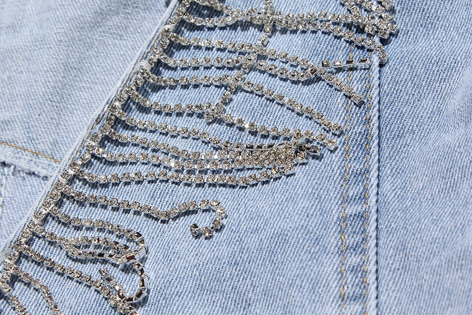 Denim Jacket Female Light Blue Diamond Tassel Coat Single-Breasted Open Back Women Jeans Coat 2021 Autumn Fashion New Clothing Denim Jacket Female Light Blue Diamond Tassel Coat Single-Breasted Open Back Women Jeans Coat 2021 Autumn Fashion New Clothing