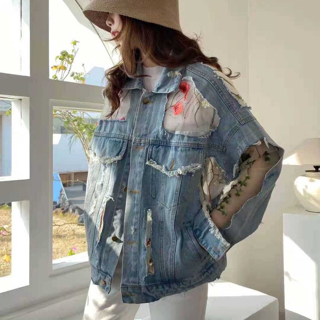 Chaquetas Mujer Summer Streetwear Embroidery Lace Patchwork Sexy Denim Jacket Women Frayed Tassel Loose Jeans Coat Plus Size 3XL Chaquetas Mujer Summer Streetwear Embroidery Lace Patchwork Sexy Denim Jacket Women Frayed Tassel Loose Jeans Coat Plus Size 3XL
