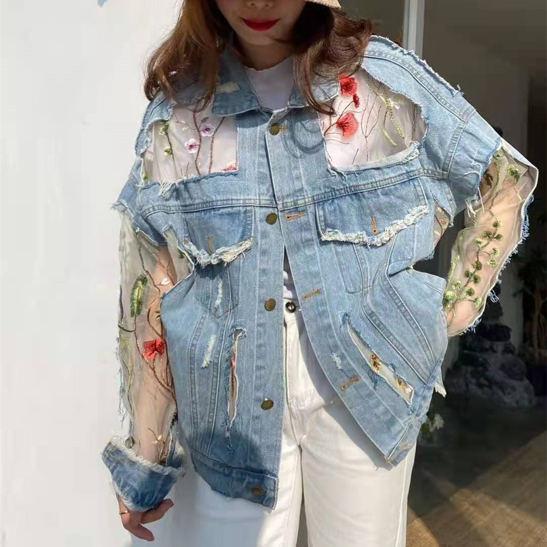 Chaquetas Mujer Summer Streetwear Embroidery Lace Patchwork Sexy Denim Jacket Women Frayed Tassel Loose Jeans Coat Plus Size 3XL Chaquetas Mujer Summer Streetwear Embroidery Lace Patchwork Sexy Denim Jacket Women Frayed Tassel Loose Jeans Coat Plus Size 3XL