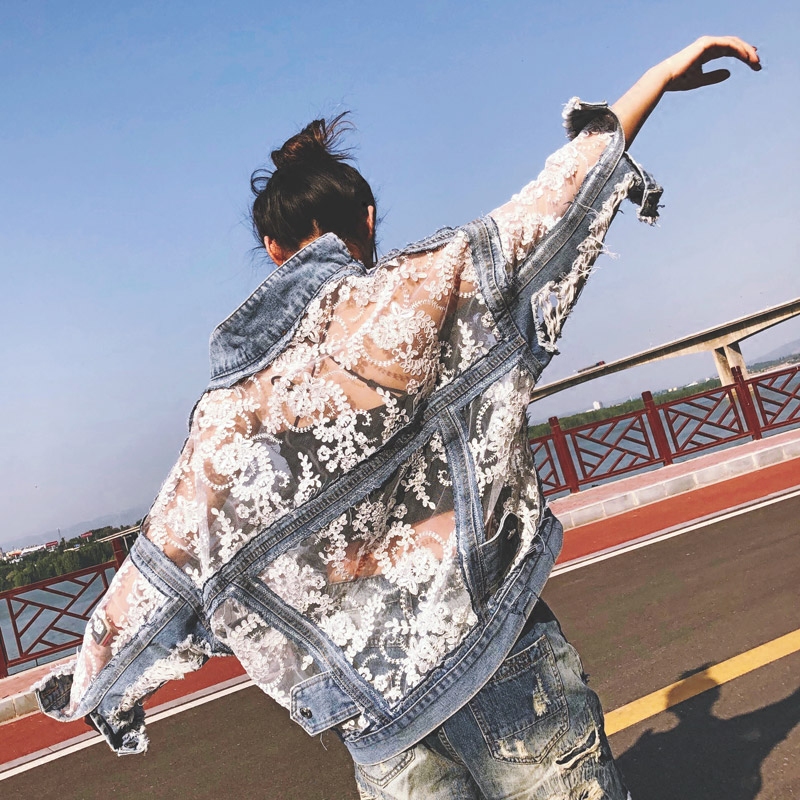 FREE SHIPPING Denim Jacket Streetwear Embroidery Lace Patchwork JKP4651 FREE SHIPPING Denim Jacket Streetwear Embroidery Lace Patchwork JKP4651