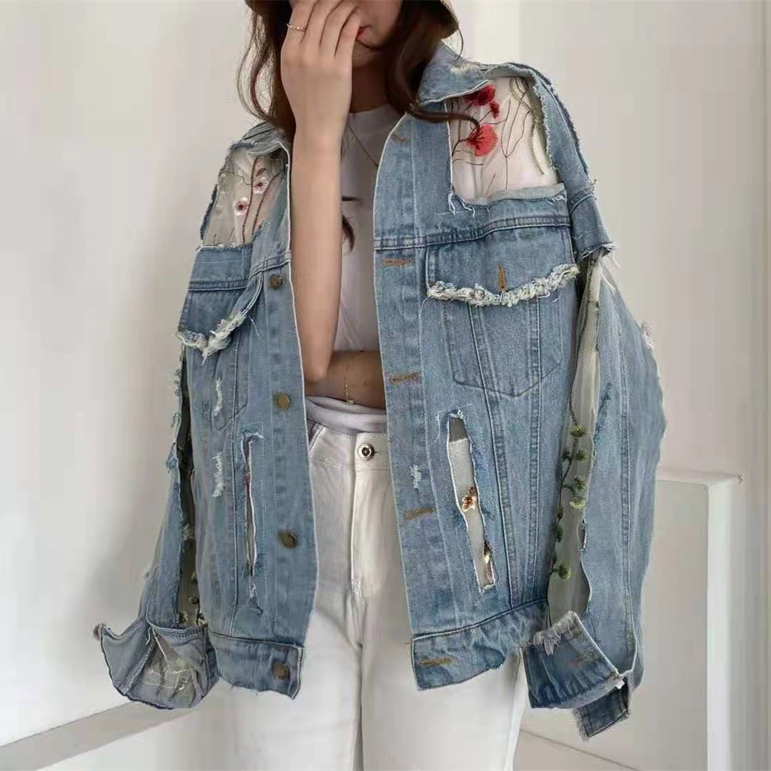 Chaquetas Mujer Summer Streetwear Embroidery Lace Patchwork Sexy Denim Jacket Women Frayed Tassel Loose Jeans Coat Plus Size 3XL Chaquetas Mujer Summer Streetwear Embroidery Lace Patchwork Sexy Denim Jacket Women Frayed Tassel Loose Jeans Coat Plus Size 3XL