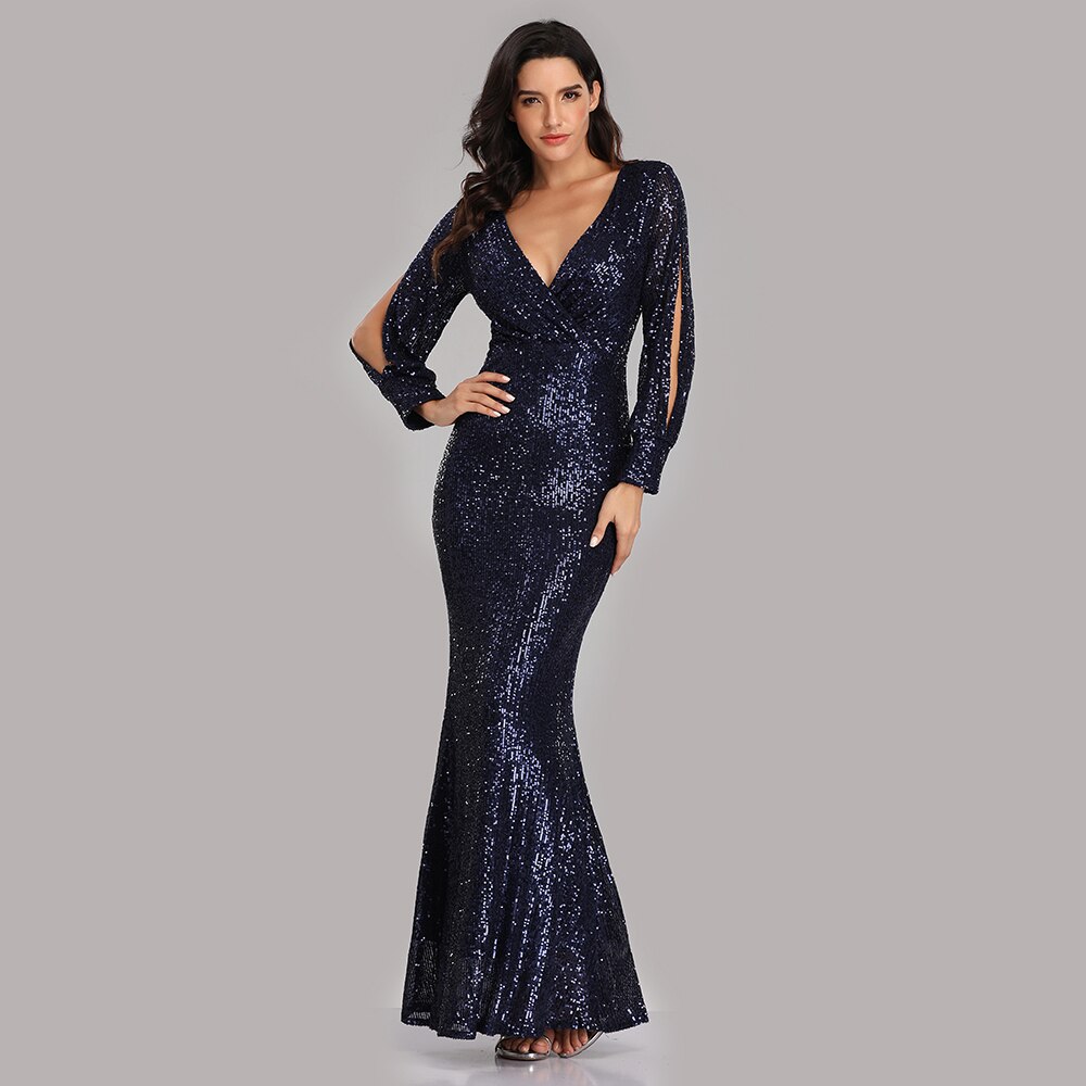 Sexy V-neck Mermaid Evening Dress Long Formal Prom Party Gown Full Sequins long Sleeve Galadress Vestidos Women Dresses 2021 Sexy V-neck Mermaid Evening Dress Long Formal Prom Party Gown Full Sequins long Sleeve Galadress Vestidos Women Dresses 2021