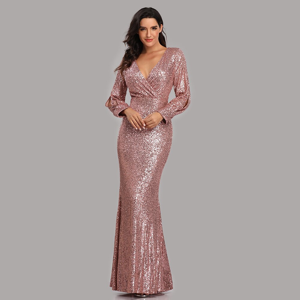 Sexy V-neck Mermaid Evening Dress Long Formal Prom Party Gown Full Sequins long Sleeve Galadress Vestidos Women Dresses 2021 Sexy V-neck Mermaid Evening Dress Long Formal Prom Party Gown Full Sequins long Sleeve Galadress Vestidos Women Dresses 2021
