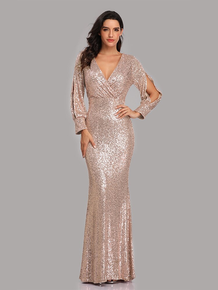 Sexy V-neck Mermaid Evening Dress Long Formal Prom Party Gown Full Sequins long Sleeve Galadress Vestidos Women Dresses 2021 Sexy V-neck Mermaid Evening Dress Long Formal Prom Party Gown Full Sequins long Sleeve Galadress Vestidos Women Dresses 2021