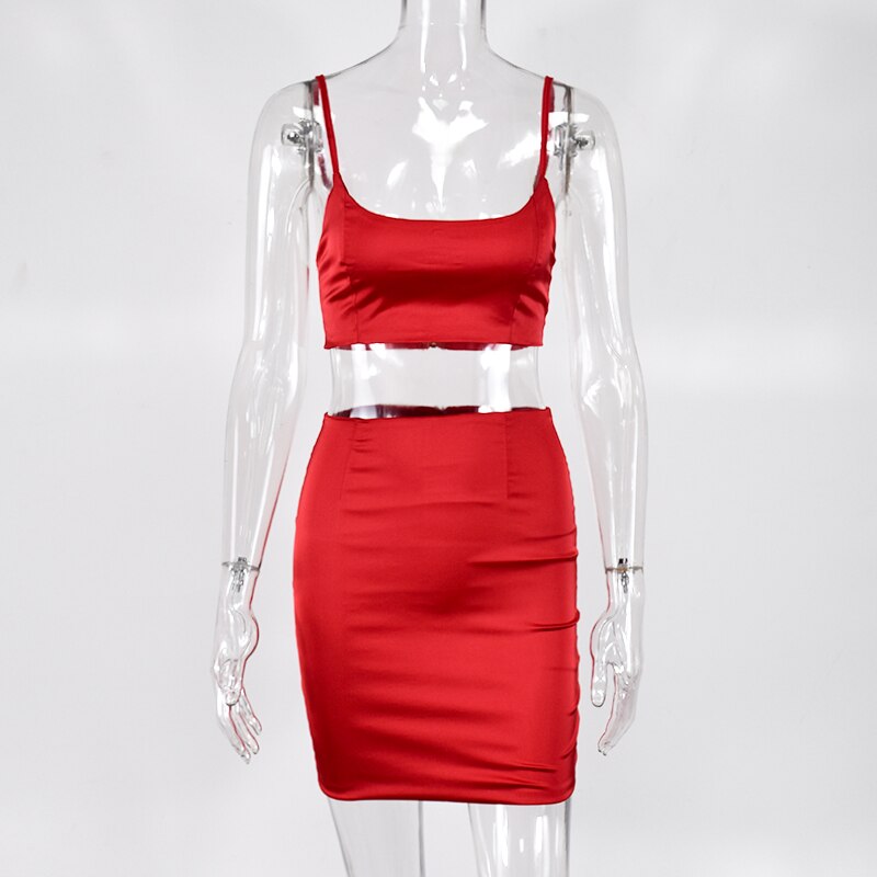 NewAsia Garden Double Layers Satin Matching Sets Club Party Two Piece Set Women Red Sleeveless Crop Top Skirt Two Piece Outfits