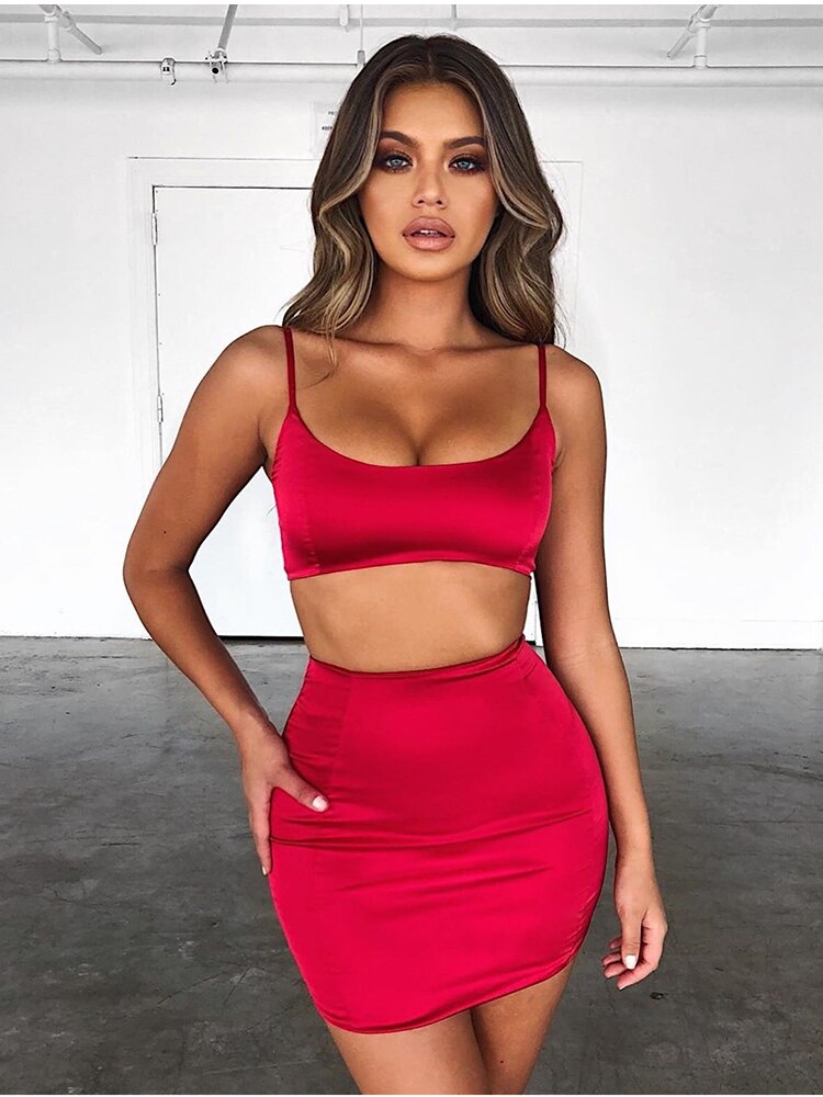 NewAsia Garden Double Layers Satin Matching Sets Club Party Two Piece Set Women Red Sleeveless Crop Top Skirt Two Piece Outfits