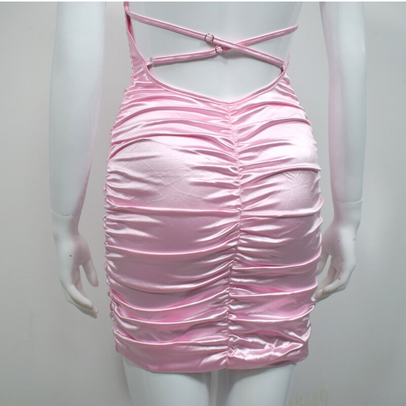 NewAsia Garden Backless Sexy Dresses Women Summer Spaghetti Straps Slash Neck Bodyocn Dress Pink Ruched Dress Short Ropa Mujer