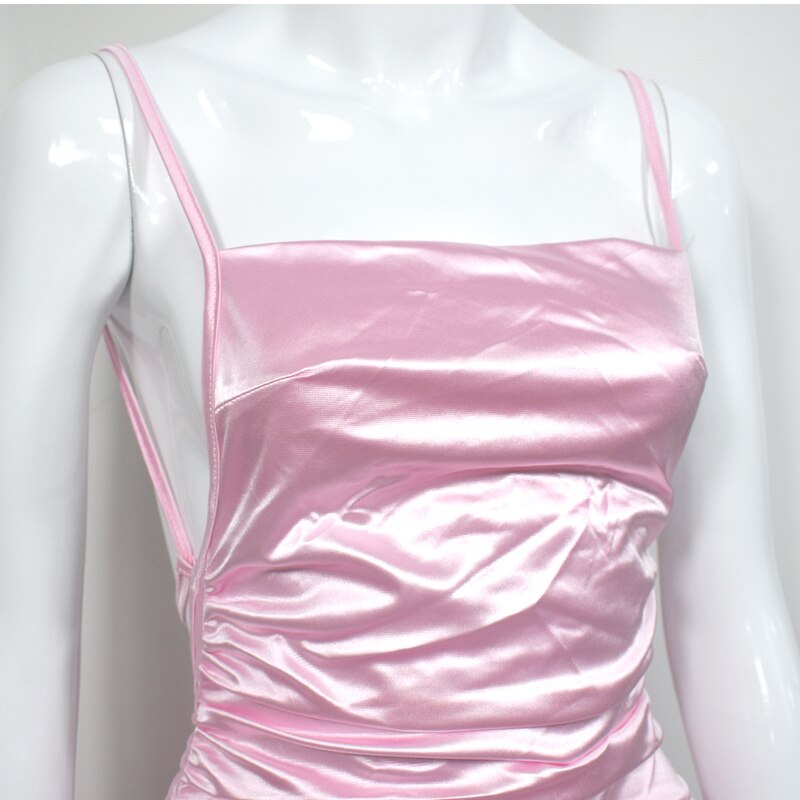 NewAsia Garden Backless Sexy Dresses Women Summer Spaghetti Straps Slash Neck Bodyocn Dress Pink Ruched Dress Short Ropa Mujer