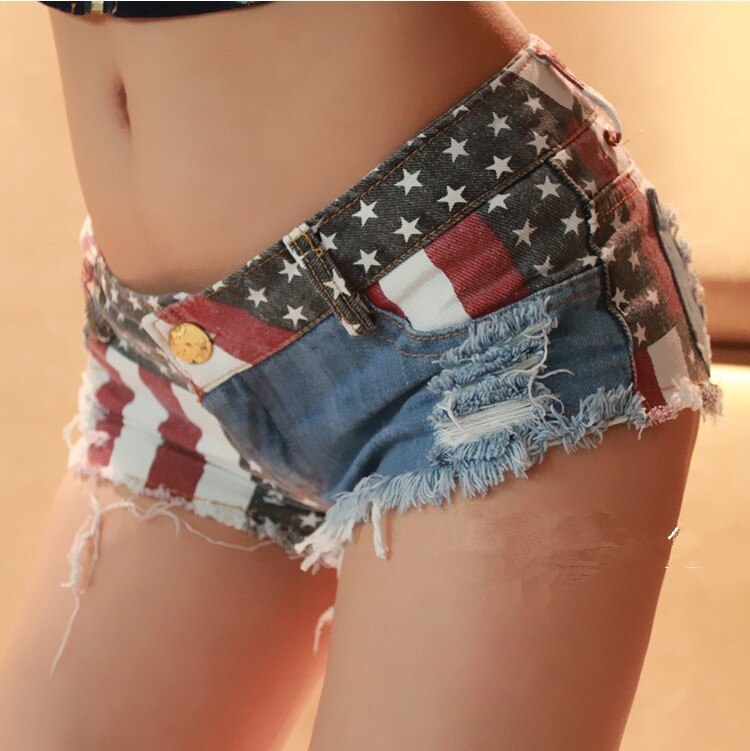 FREE SHIPPING Mid Waist Jeans Shorts USA Flag Printed JKP4667