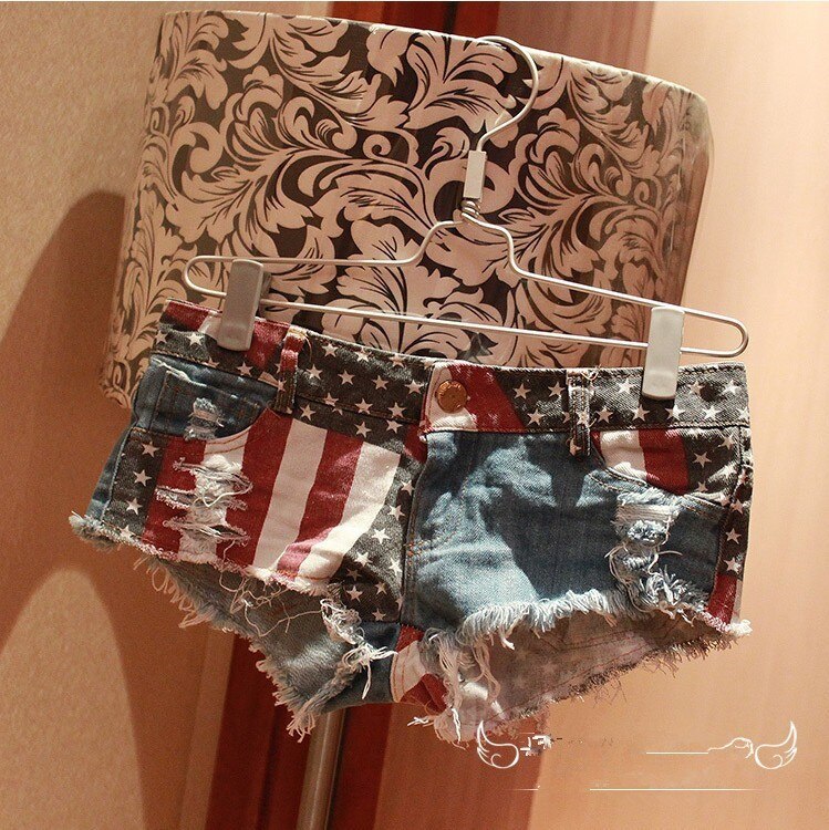 Mid Waist Jeans Shorts 2021 Women New Fashion USA Flag Printed Denim Pole Dance Skinny Hot Hole Short Pants S-XXL