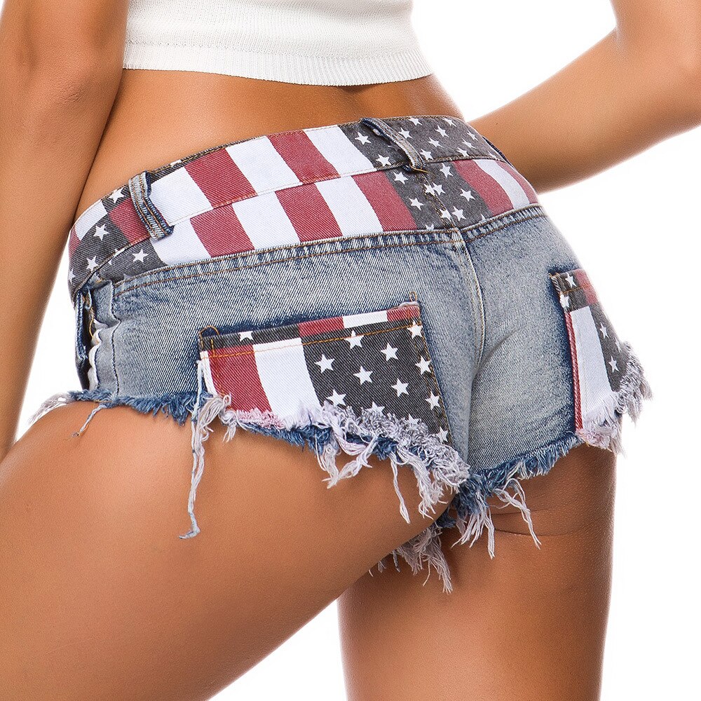 FREE SHIPPING Tassel Denim Shorts Low Waist USA Flag Printed JKP4668
