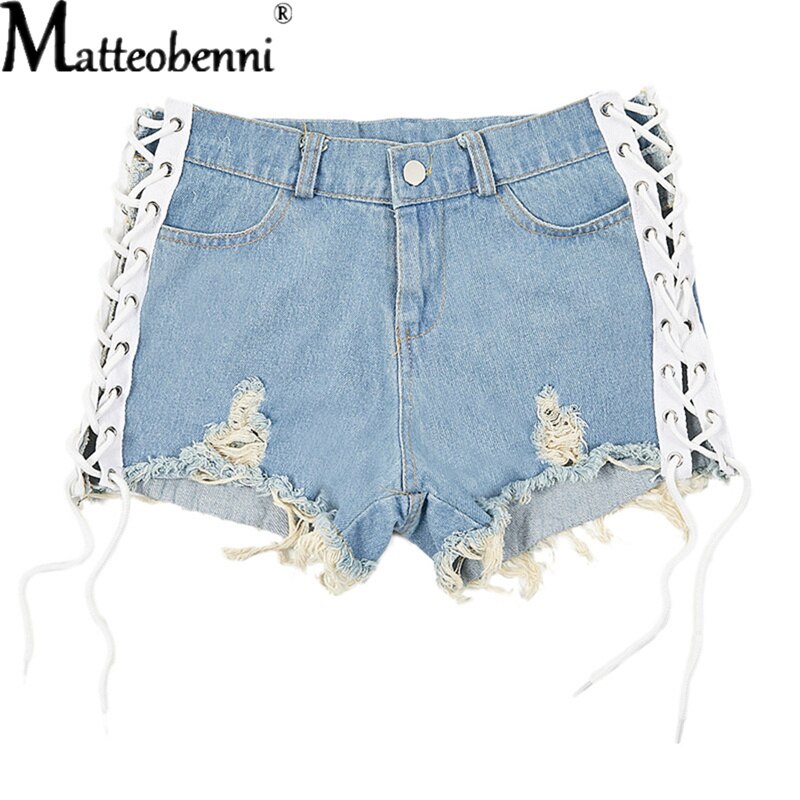 Fashion Sexy Summer New Women Black White Ripped Straight Denim Shorts High Waisted Tassel Elastic Lace Up Bandage Club Hotpants Fashion Sexy Summer New Women Black White Ripped Straight Denim Shorts High Waisted Tassel Elastic Lace Up Bandage Club Hotpants