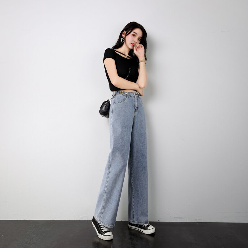New Stretch elastic waist Loose High Waist Wide Leg Jeans For Women Stretch Vintage Full-length loose Boyfriend Pants Trousers