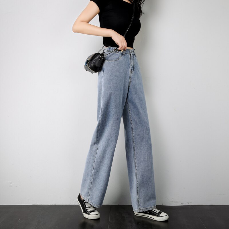 New Stretch elastic waist Loose High Waist Wide Leg Jeans For Women Stretch Vintage Full-length loose Boyfriend Pants Trousers