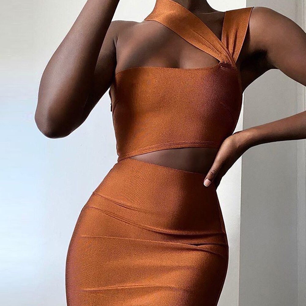 Bandage Dresses High Quality 2021 Summer Tan Cut Out Bodycon Dress Women Elegant Sexy Mid Evening Club Celebrity Party Dress
