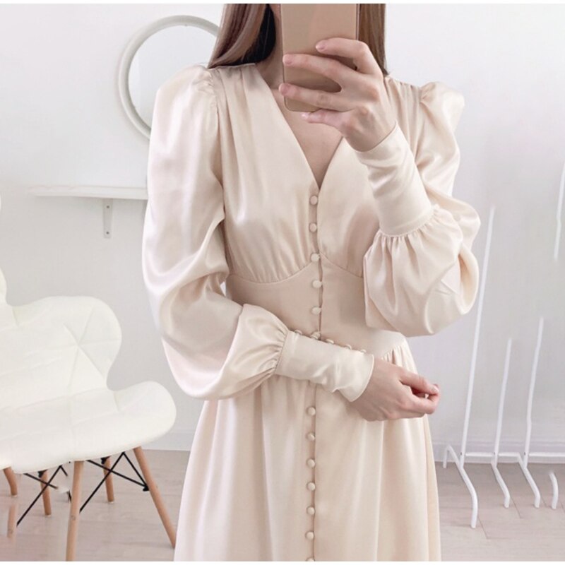 European Style Dresses Satin Long Dress Lantern Sleeve JKP4682