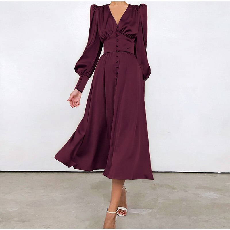 European Style Dresses Satin Long Dress Lantern Sleeve JKP4682